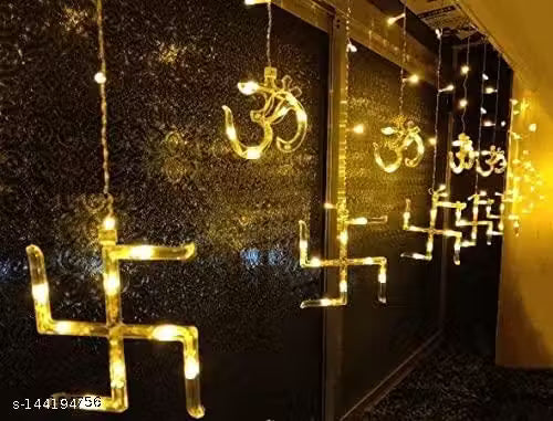 Om Swastik 6+6 Curtain Series LED Lights (Warm White) with 8 mode Function flickering for Decoration on Diwali Festival and Party